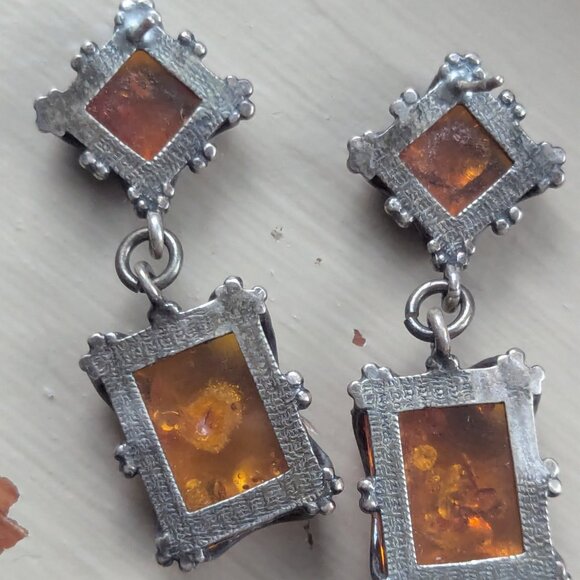 Vintage Amber Acrylic Gold Brass Metal Cocktail Dangle Earring Great Gatsby Boho - Picture 5 of 7